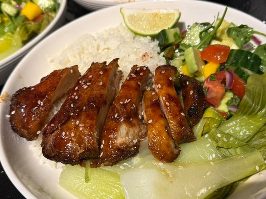 Glazed lion's mane with rice and salad
